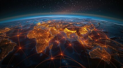 Aerial view of an illuminated global logistics network map showcasing major trade routes transportation hubs and infrastructure connecting the world s economies and supply chains