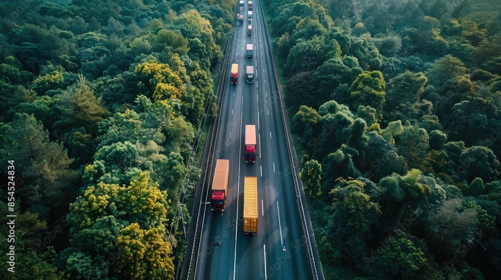 Poster aerial view of a fleet of delivery trucks traversing the highway to ensure timely and efficient good
