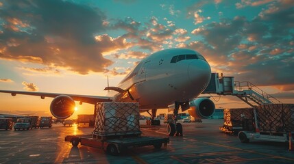 International cargo plane loaded with freight containers packages and crates being loaded and unloaded on the airport tarmac during a vibrant sunset sky with dramatic clouds