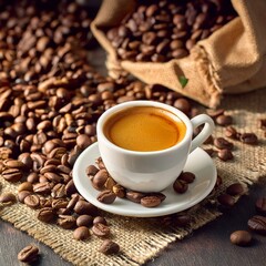 Coffee in cup and coffee beans