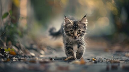 A kitten quickly running along the path