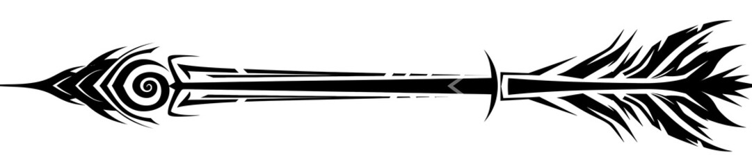Sleek Black Arrow with Tribal Spiral Patterns for Tattoo Art Design