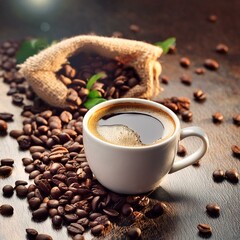 Coffee in cup and coffee beans