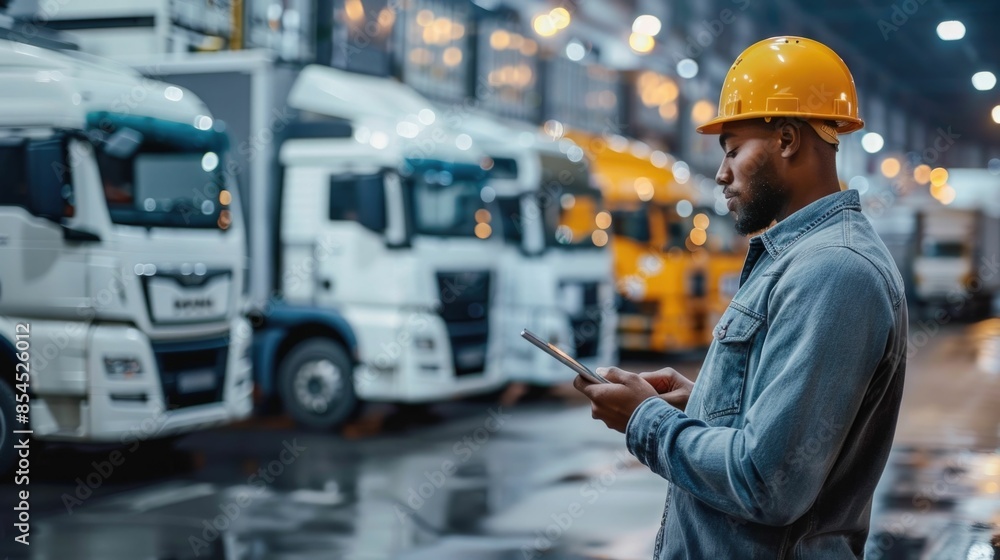 Poster logistics manager using tablet to track shipments and manage warehouse in real time efficient logist