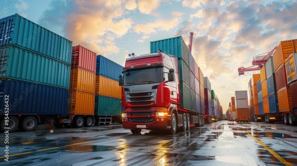 Poster aerial view of a busy container port with stacks of multicolored shipping containers cargo trucks an
