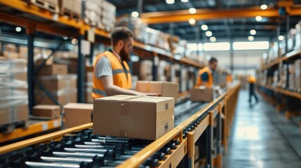 Busy interior of an e commerce fulfillment warehouse with employees packaging and shipping merchandise showcasing the logistics and behind online retail distribution