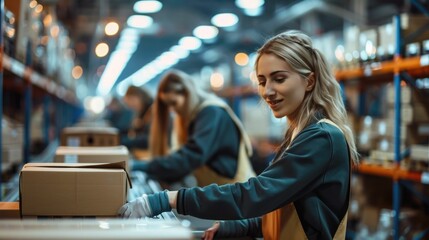 Interior view of an e commerce fulfillment center with employees packing and shipping customer orders from stacked boxes and packages in a large industrial warehouse setting with shelving and