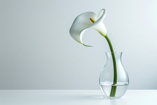 A single elegant calla lily displayed in a sleek glass vase against a minimalist white backdrop - Powered by Adobe