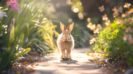 A bunny skateboarding down a garden path image
