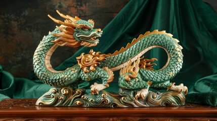 Majestic Green and Gold Dragon Sculpture, Generative AI