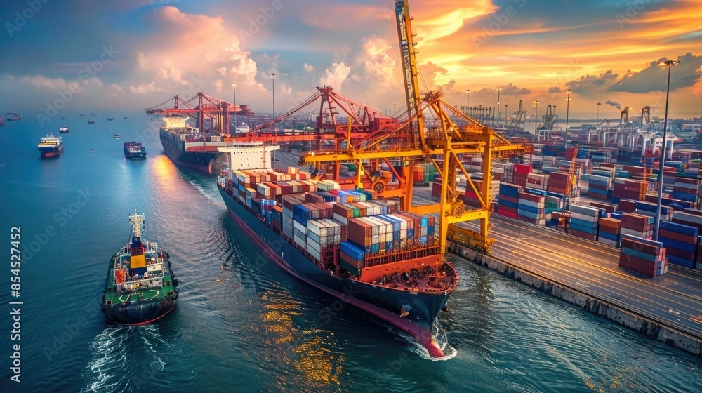 Poster aerial view of a busy seaport with large cargo ships towering container cranes and bustling activity