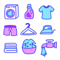 Set of colorful laundry doodle illustrations on a white background. Colorful hand-drawn laundry elements vector