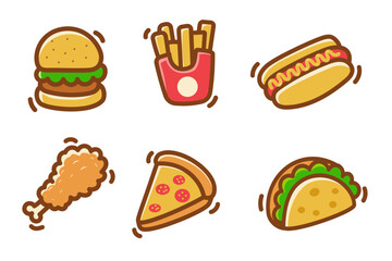 Set of fast food colorful doodles on a white background. Fast food cartoon elements collection