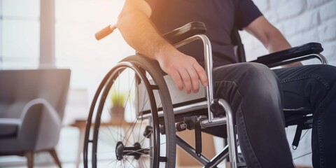 Obraz premium A man in a wheelchair sits at home and focuses on his mobility and health.