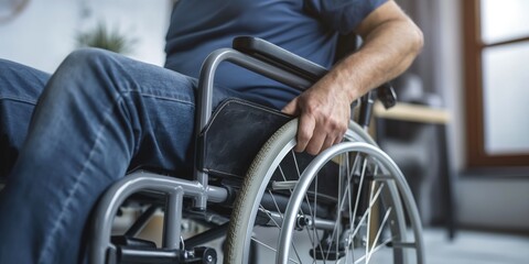 Obraz premium Emphasizing rehabilitation, a disabled man in a wheelchair pushes wheels indoors.