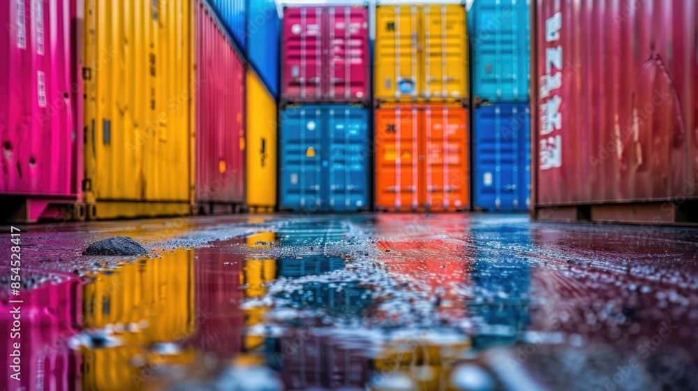 Poster vibrant stacked shipping containers at a bustling port terminal colorful freight containers neatly a