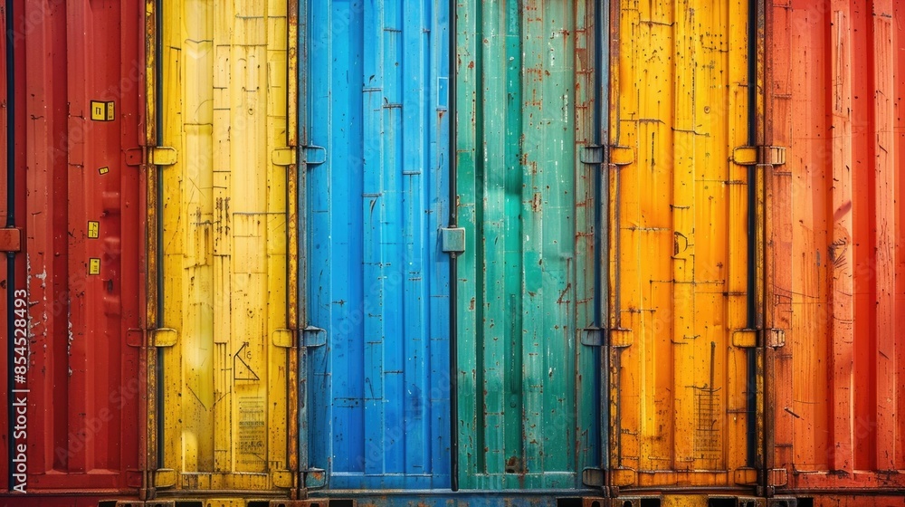 Poster colorful and neatly stacked shipping containers at a busy international port terminal showcasing the
