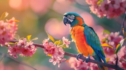 A parrot sitting on a flowering branch img