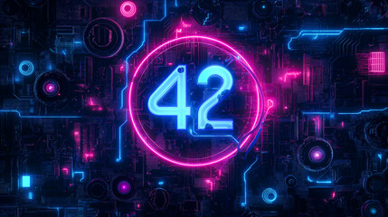 Fototapeta premium Neon Tube 42 on High Tech Holographic Background. Advanced Technology, Software Engineering, Innovation, Cyberspace, AI. Multiverse, Science Fiction, Ultimate Answer, Retro, Ultraviolet Glow