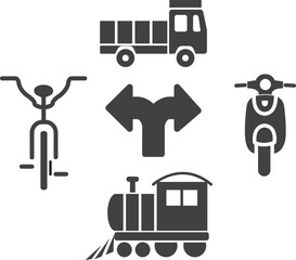 railway engine, fire brigade truck, cycle, motor bike and arrow sign