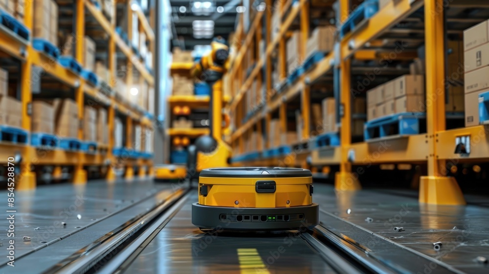 Poster Modern industrial shipping warehouse with automated robotic systems sorting and transporting packaged goods on shelves and conveyor belts for efficient logistics and distribution
