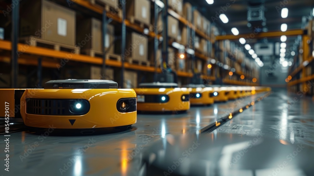 Poster automated modern shipping warehouse with robotic package handling and efficient logistics
