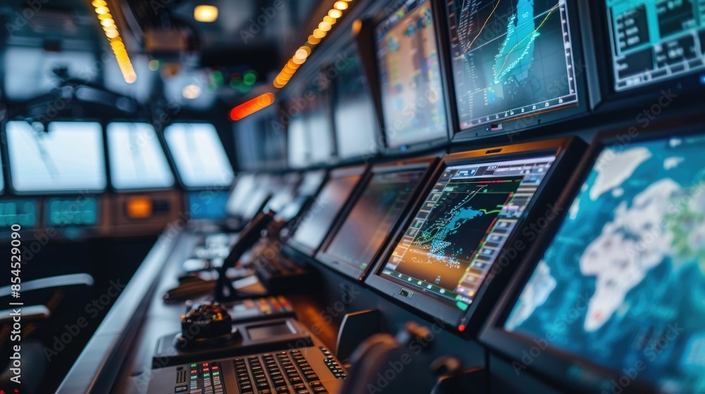 Poster aerial view of a logistics control room with multiple screens displaying shipping routes cargo statu