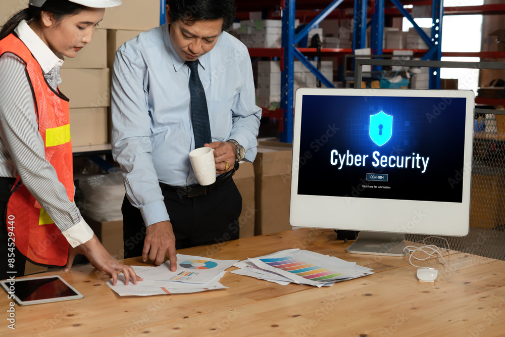 Poster cyber security system on computer screen protect private information snugly from hacker and cyber at