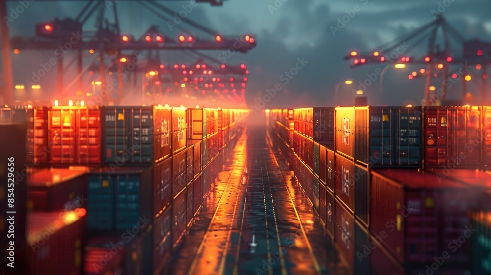 Poster illuminated shipping yard at dusk with rows of stacked containers at a busy harbor terminal showcasi