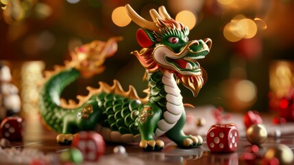 Fototapeta premium Vibrant Green Dragon Figurine with Bokeh Background, Generative AI