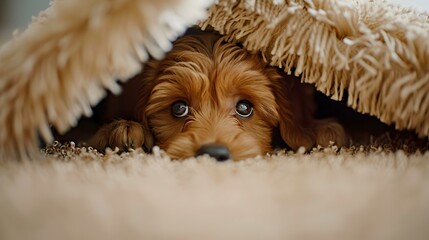 A puppy hiding under the rug  picture