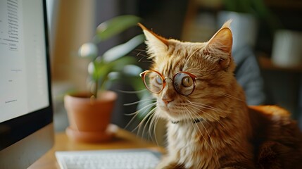 A cat wearing round glasses sitting image