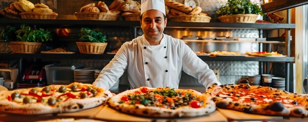 Obraz premium Professional Chef Surrounded by Freshly Prepared Pizzas on Counter in Bakery Kitchen