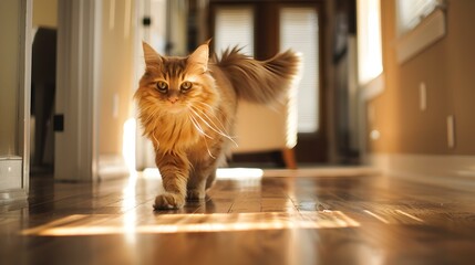A cat running down a long corridor