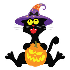 Funny Halloween black cat with pumpkin vector cartoon illustration