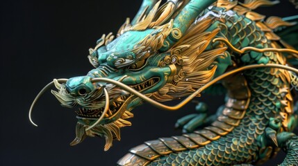 Fototapeta premium Intricate Golden and Emerald Dragon Close-Up, Generative AI