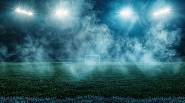 Mysterious Soccer Field with Fog and Bright Stadium Lights, Generative AI - Powered by Adobe