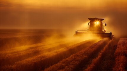Fototapeta premium A vast agricultural field during what appears to be dusk or dawn. A combine harvester, illuminated by a warm glow from its headlights, is captured in the midst of harvesting.