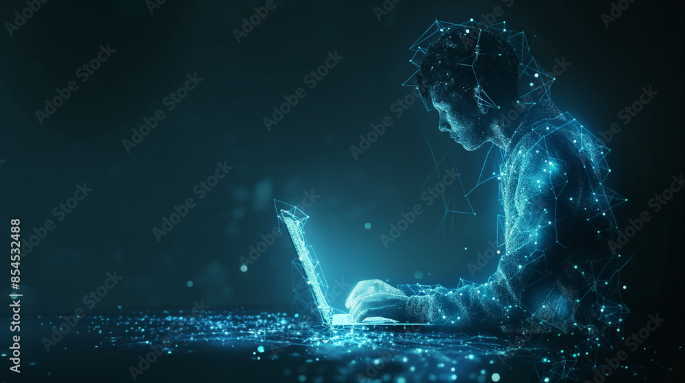 Poster a digital representation of a person, seemingly a hacker, engrossed in using a laptop. the figure is