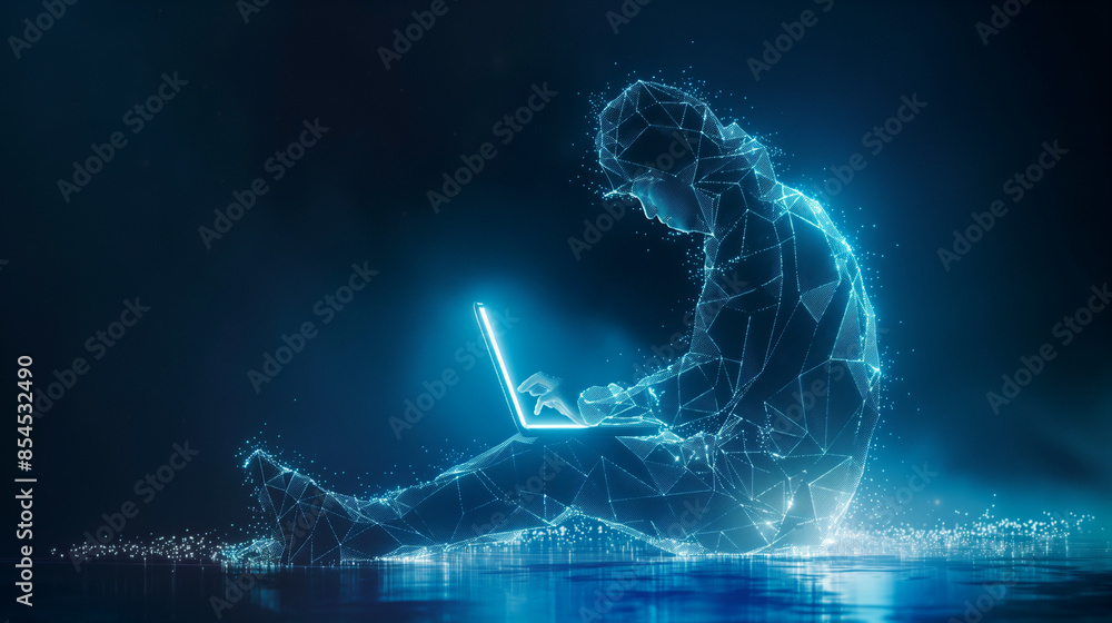 Poster a digital representation of a person, seemingly a hacker, engrossed in using a laptop. the figure is