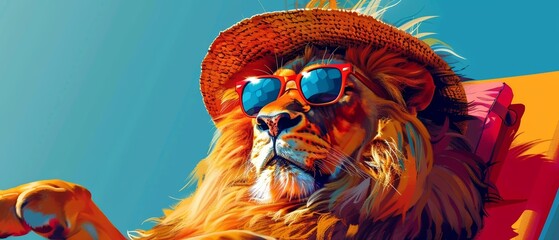 Cool lion wearing sunglasses and a hat.