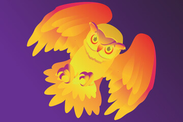  owl bird flat  feathered animal with wide spread wings. Vector wise bird symbol of wisdom in studying. Childish eagle owl, Halloween and studying symbol, funny fowl owlet