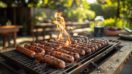 Grilling sausages on an outdoor barbecue in a sunny garden