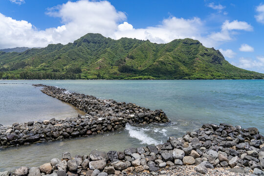 Huilua Fishpond, in Ahupuaʻa O Kahana State Park on windward Oʻahu, is one of the few surviving ancient Hawaiian fishponds that were still operational well into the 20th century. Honolulu, Oahu, Hawai