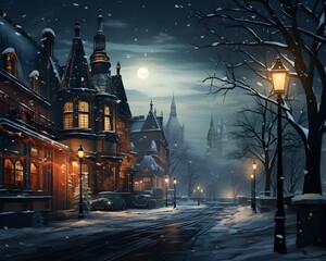 Winter night in the old town. Landscape of the city.