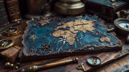 Old world map with navigation tools and compass on wooden desk