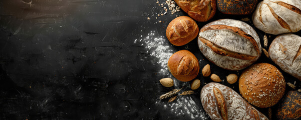 Different types of bread on black background