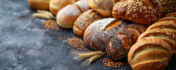 Different types of bread on black background