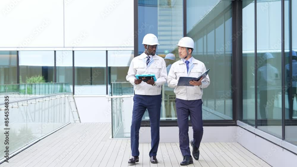 Poster group of multinational engineers walking through a building