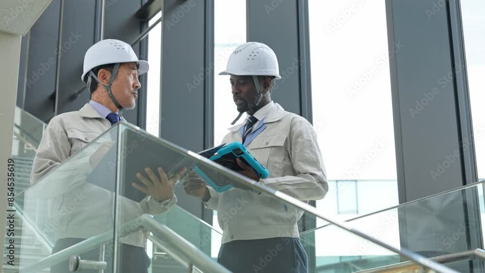 Poster group of multinational engineers having a conversation in a building